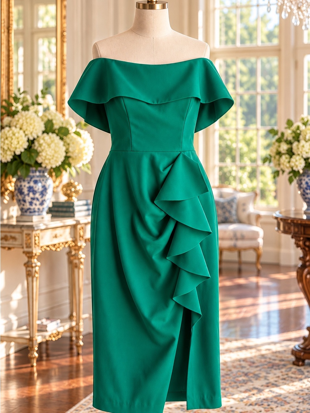 Elegant Emerald Off-Shoulder Ruffle Midi Dress